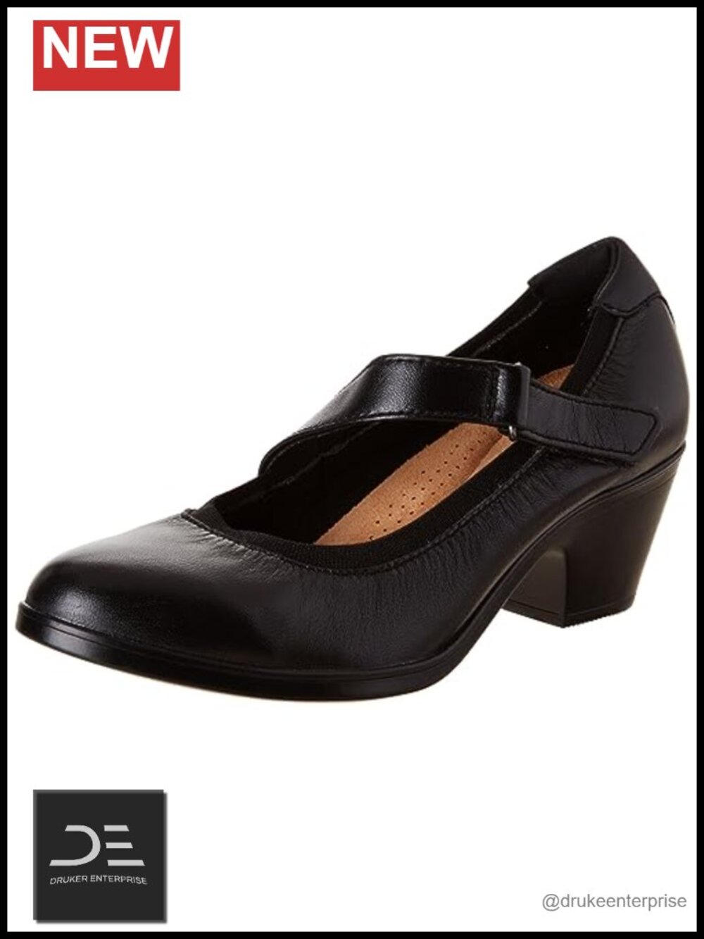 Faux Leather Block Heel Pumps for Women, Closed Toe, Hook & Loop Closure, Slip